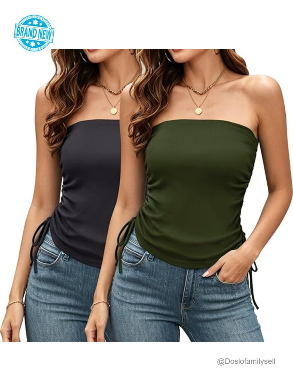 Cotton Ribbed Tube Tops 2 Pack Drawstring Ruched Strapless Bandeau